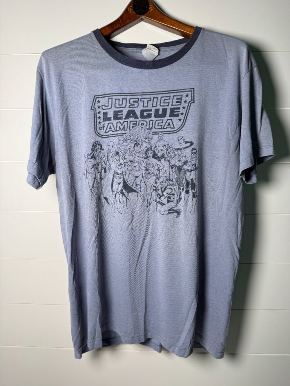 DC Justice League America Vintage Blue with Navy Trim Ringer Short Sleeve T